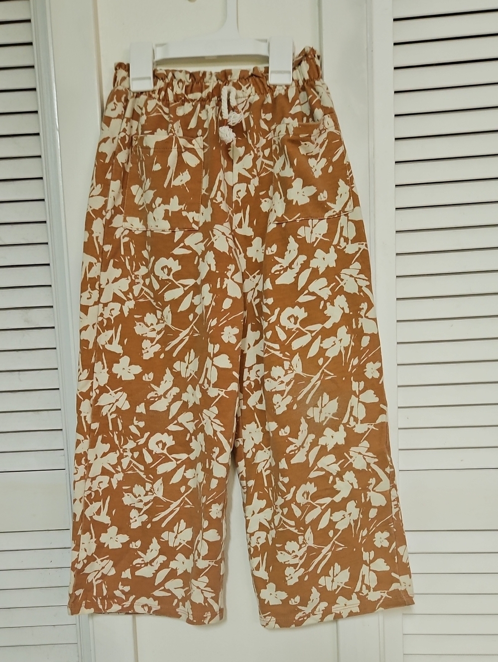 Girl's Wide-Leg Floral Print Drawstring Pants - Burnt Orange/Tan